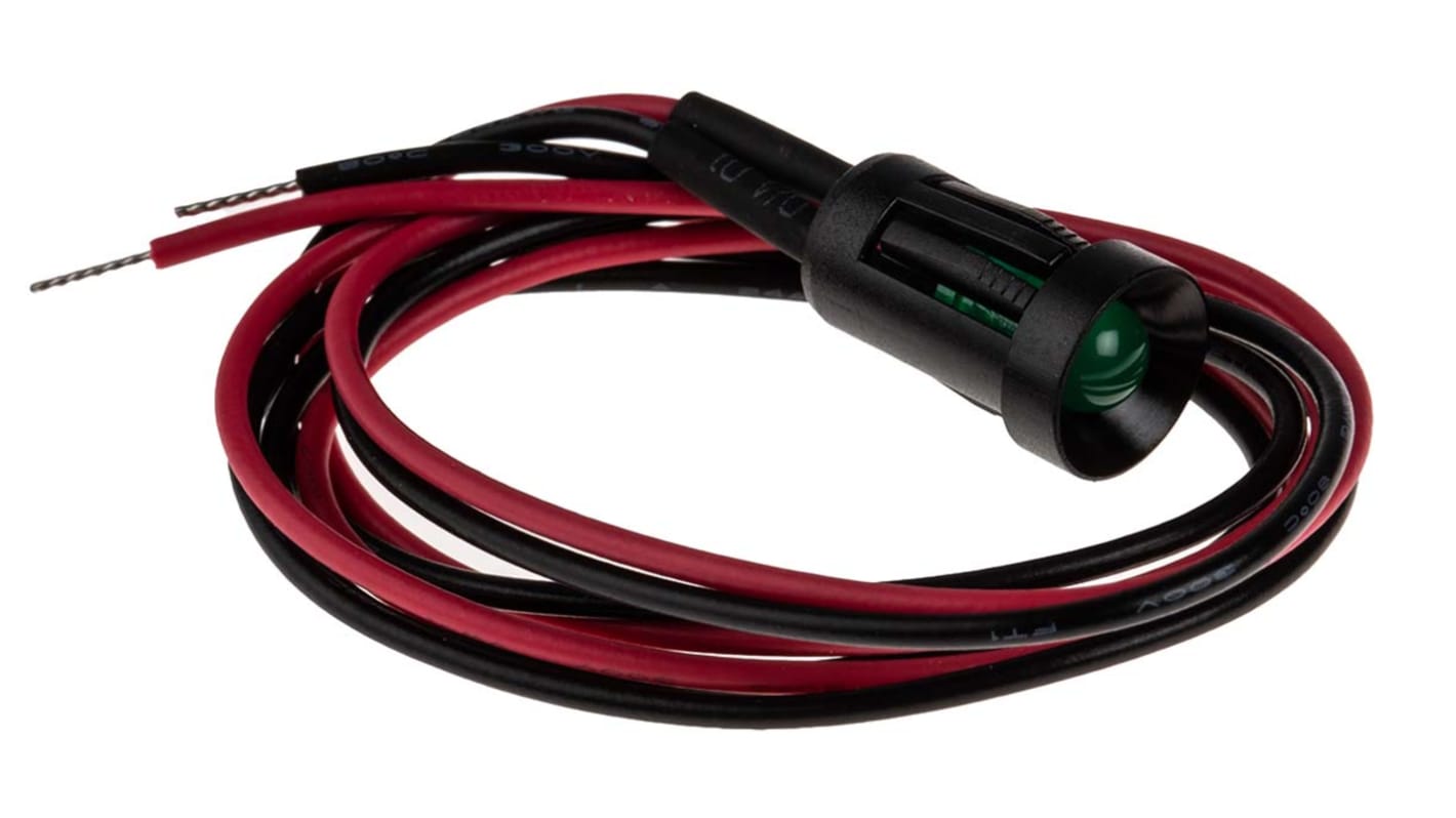 RS PRO Green Panel Mount Indicator, 12V dc, 8mm Mounting Hole Size, Lead Wires Termination