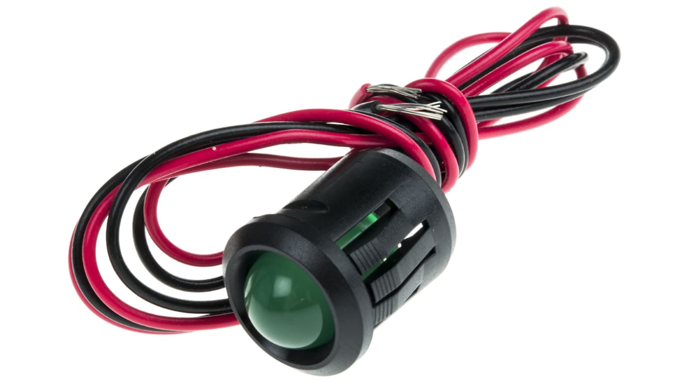 Indicador LED RS PRO, Verde, lente prominente, marco Negro, Ø montaje 14mm, 24V dc, 20mA, 40mcd