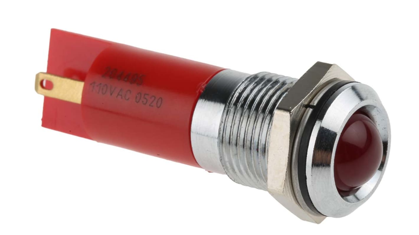 RS PRO Red Panel Mount Indicator, 110V ac, 14mm Mounting Hole Size, Solder Tab Termination, IP67