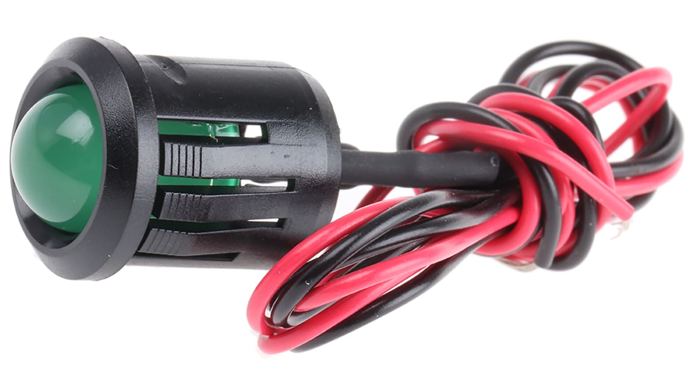 RS PRO Green Panel Mount Indicator, 12V dc, 14mm Mounting Hole Size, Lead Wires Termination