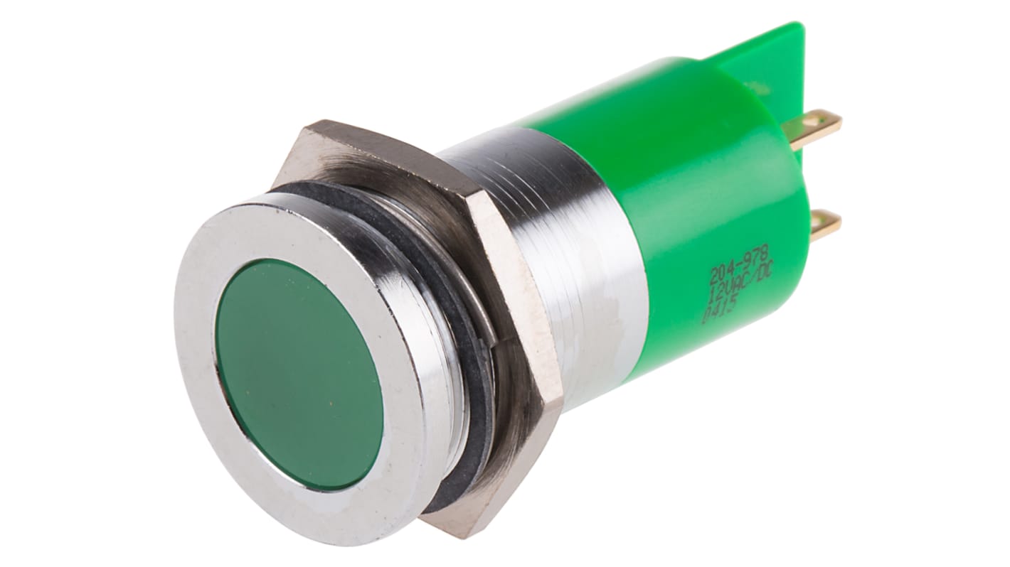 RS PRO Green Panel Mount Indicator, 22mm Mounting Hole Size, Solder Tab Termination