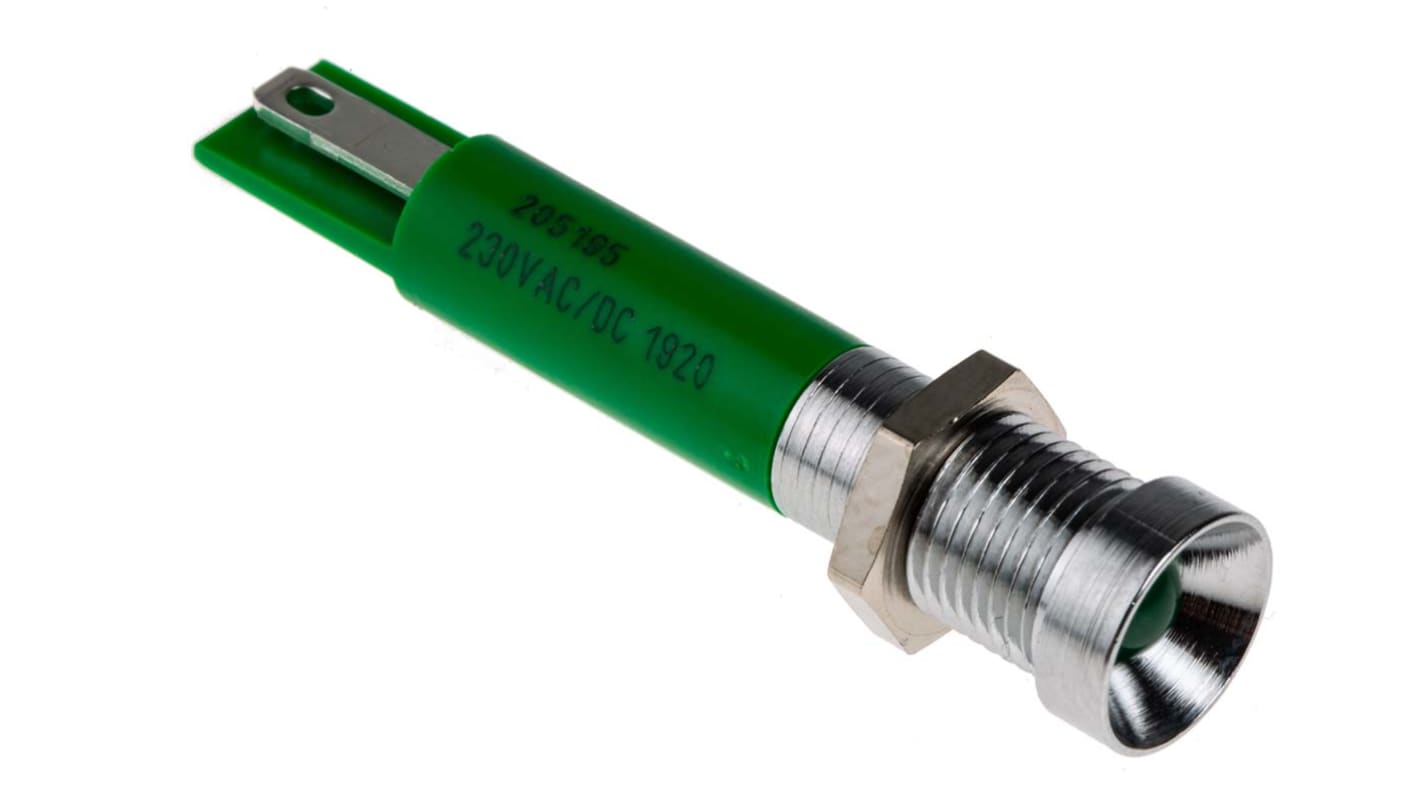 Indicatore da pannello RS PRO Verde  a LED, 230V ca, Ad incasso, foro da 8mm