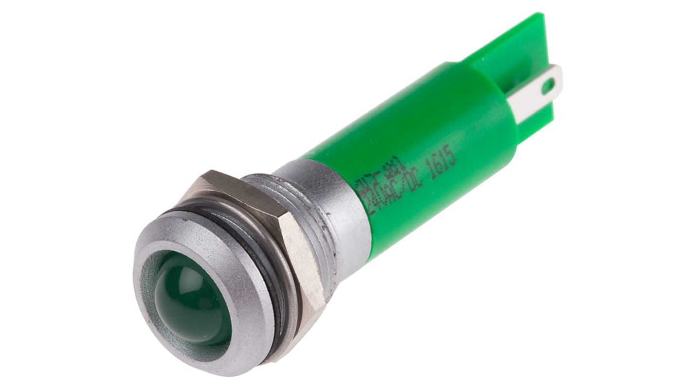 RS PRO Green Panel Mount Indicator, 12mm Mounting Hole Size, Solder Tab Termination, IP67