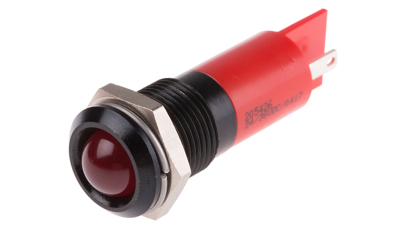 Indicador LED RS PRO, Rojo, lente prominente, marco Negro, Ø montaje 14mm, 24 → 36V dc, 15 → 17mA, 8mcd