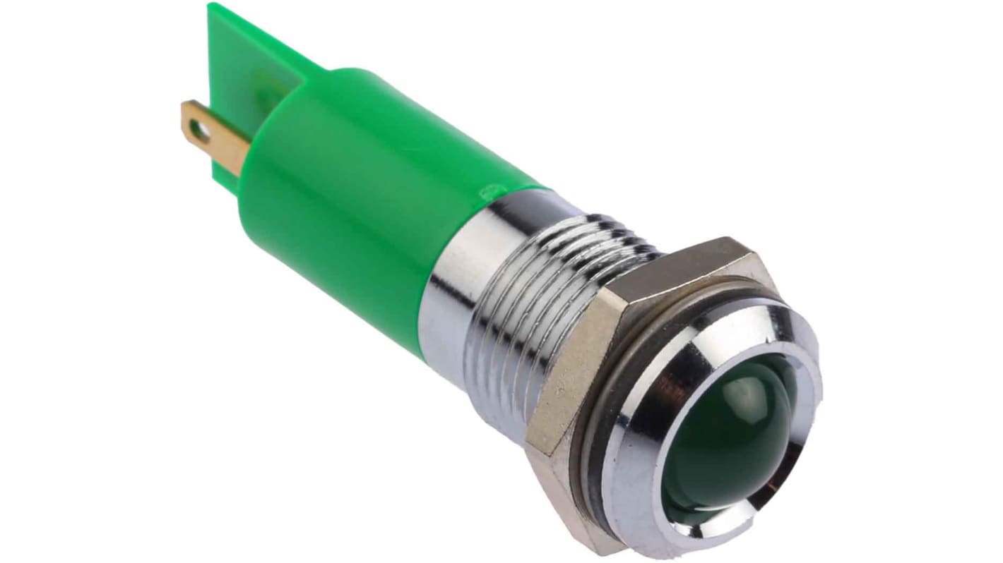 Indicador LED RS PRO, Verde, lente prominente, marco Cromo, Ø montaje 14mm, 24 → 36V dc, 15 → 17mA