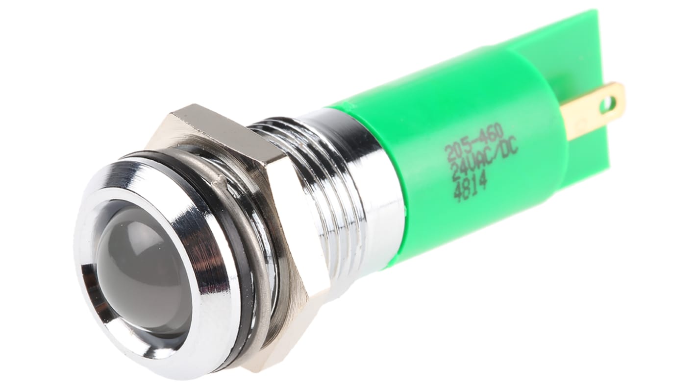 Indicador LED RS PRO, Verde, lente prominente, marco Cromo, Ø montaje 14mm, 20mA, 40mcd, IP67