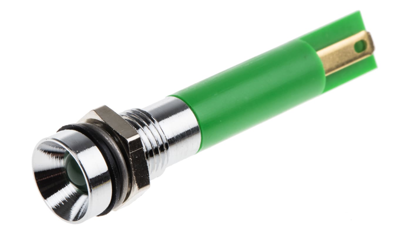 RS PRO Green Panel Mount Indicator, 12V c.c., 8mm Mounting Hole Size, Solder Tab Termination, IP67