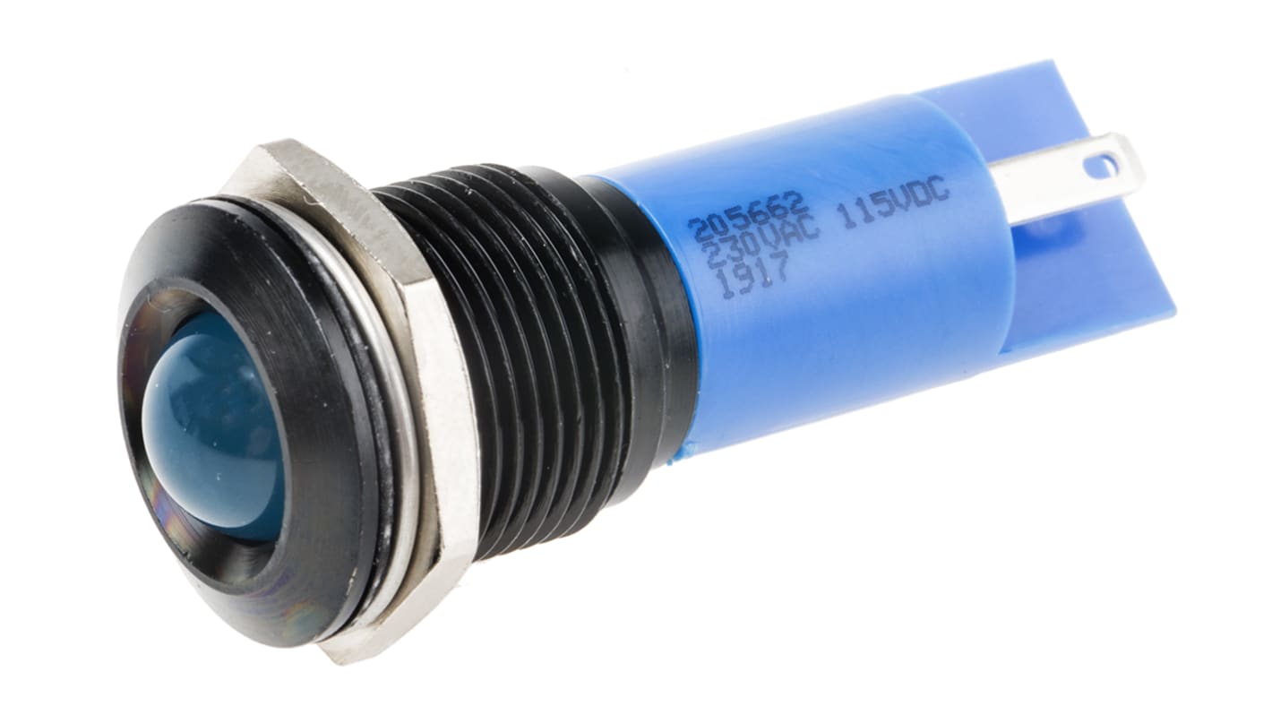 RS PRO Blue Panel Mount Indicator, 115 V dc, 230V ac, 16mm Mounting Hole Size, Solder Tab Termination, IP67