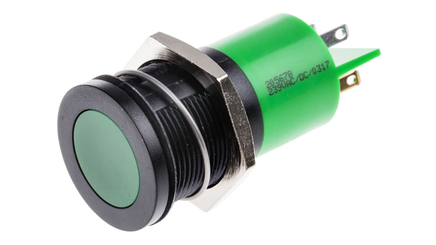 Indicatore da pannello RS PRO Verde  a LED, 230V ca, IP67, A filo, foro da 22mm