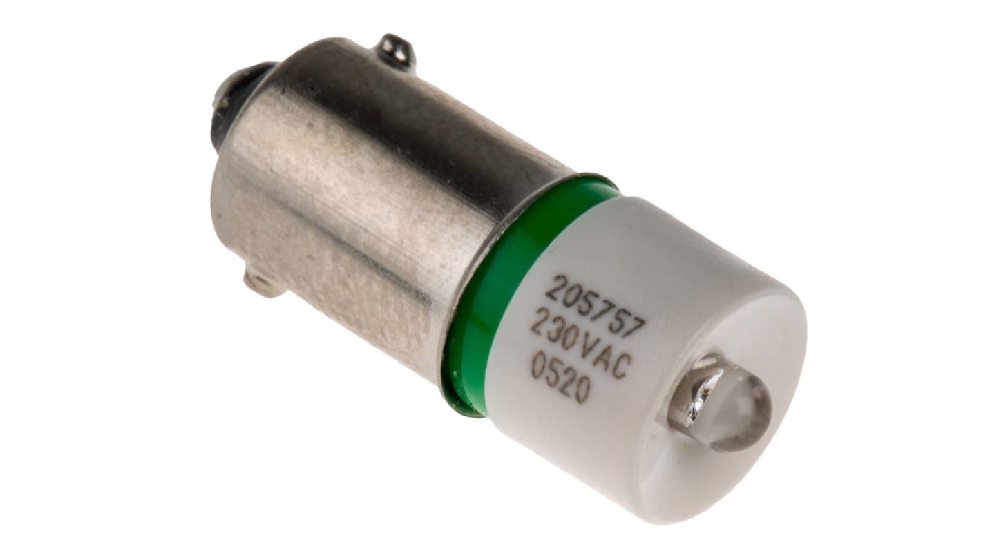 Bombilla para piloto luminoso LED RS PRO Verde, λ 525nm, 230V ac / 9mA, 345mcd, casquillo BA9s, Ø 10mm