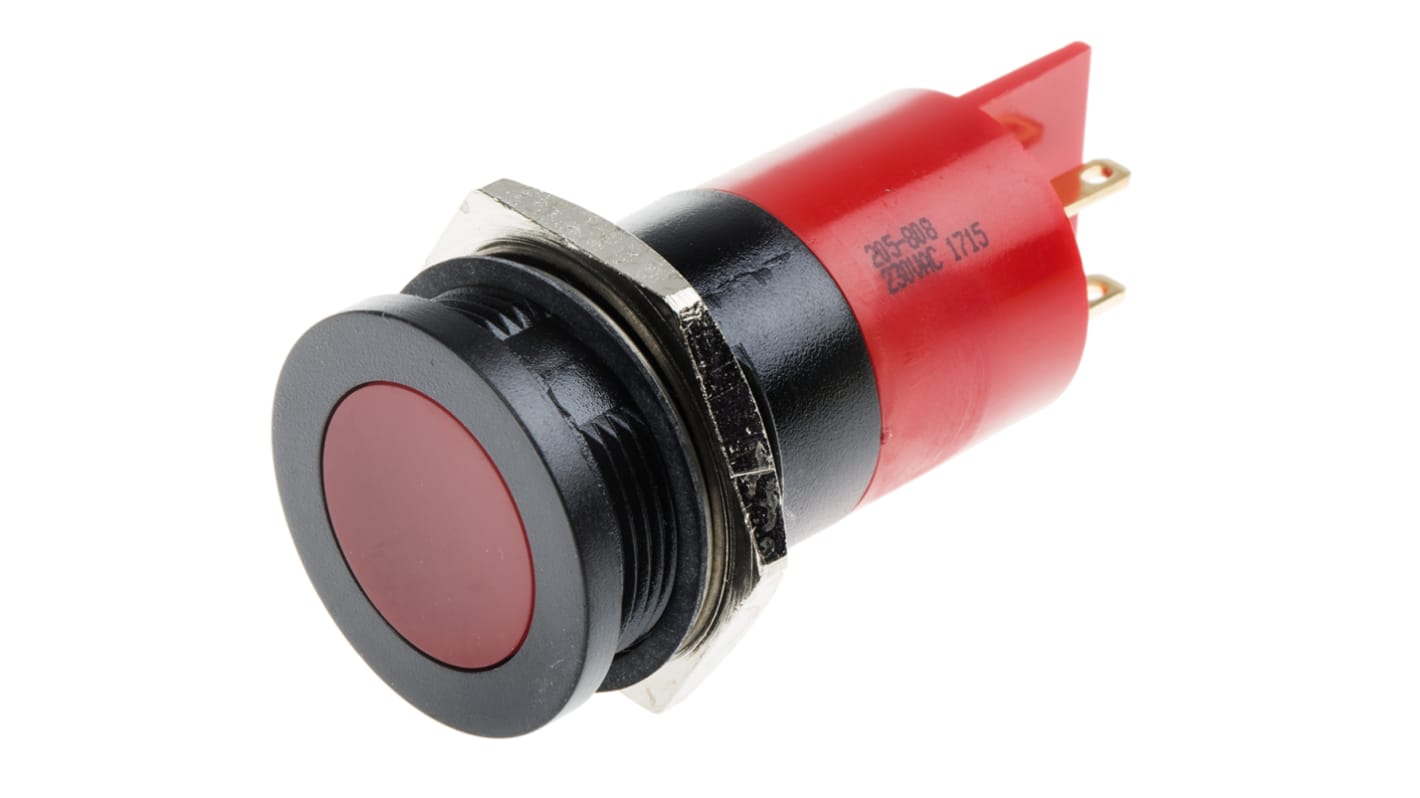 Indicador LED RS PRO, Rojo, lente enrasada, marco Negro, Ø montaje 22mm, 230V ac, 3mA, 70mcd, IP67