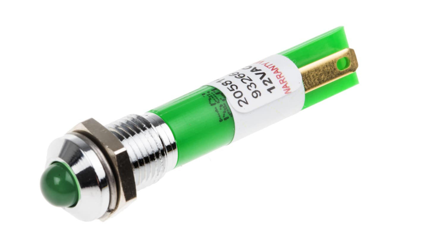 RS PRO Green Panel Mount Indicator, 12V ac, 8mm Mounting Hole Size, Solder Tab Termination