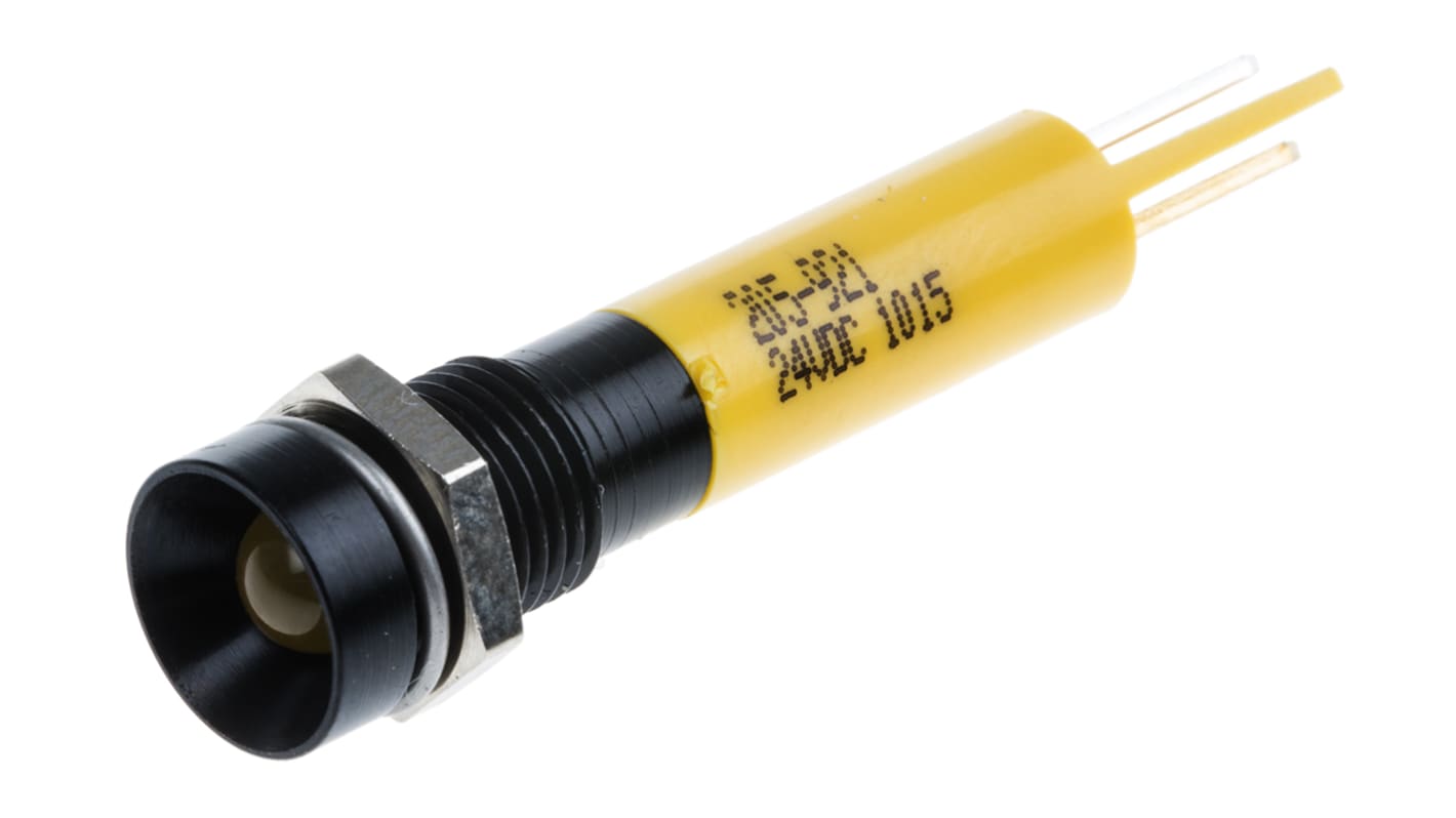 RS PRO Yellow Flashing LED Panel Mount Indicator, 24V dc, 8mm Mounting Hole Size, Solder Tab Termination