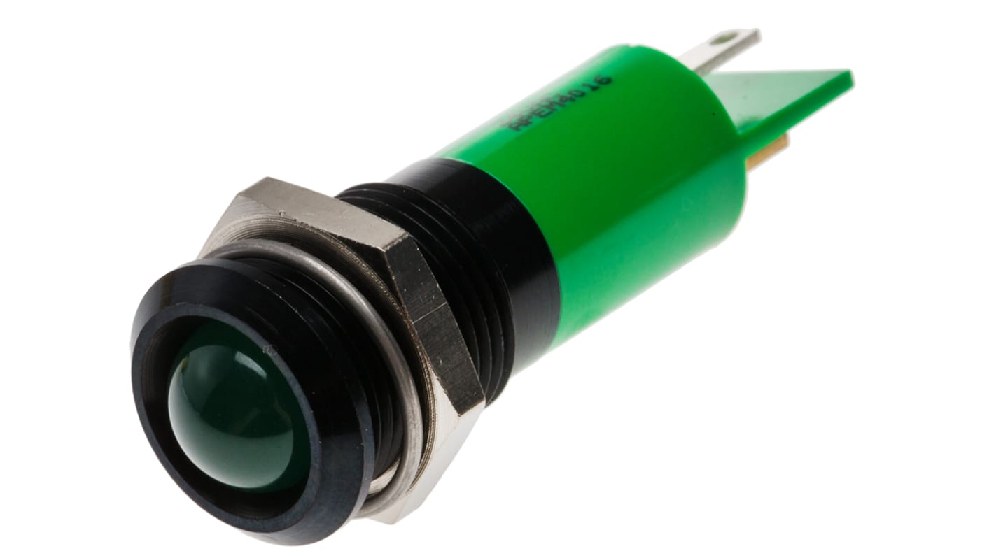 RS PRO Green Panel Mount Indicator, 14mm Mounting Hole Size, Solder Tab Termination