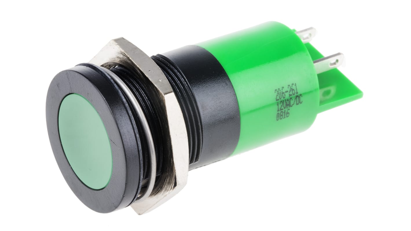 Indicatore da pannello RS PRO Verde  a LED, 12V ca/cc, A filo, foro da 22mm