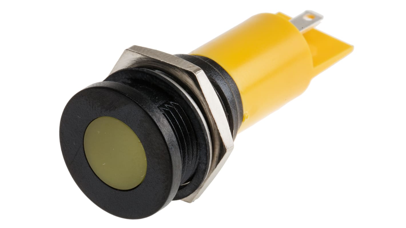 RS PRO Yellow Panel Mount Indicator, 230V ac, 16mm Mounting Hole Size, Solder Tab Termination, IP67