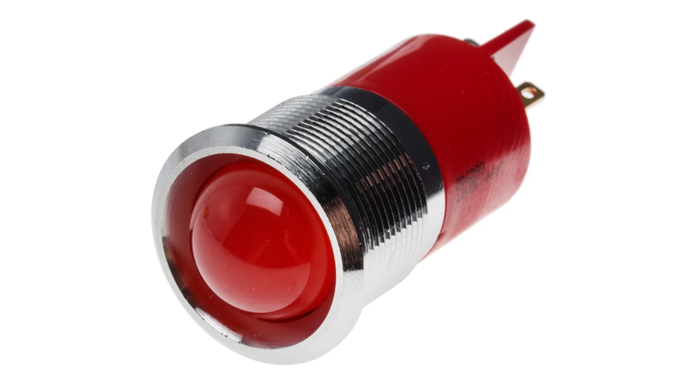 Indicador LED RS PRO, Rojo, lente prominente, marco Cromo, Ø montaje 22mm, 12V dc, 20mA, 80mcd