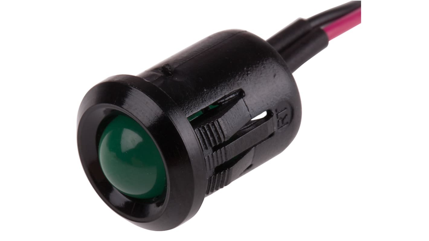 RS PRO Green Panel Mount Indicator, 2V dc, 12mm Mounting Hole Size, Lead Wires Termination