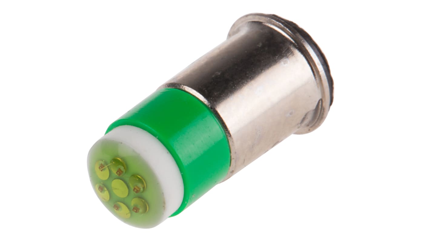 Lampada per indicatori RS PRO, lunga 15.25mm, Ø 6mm, 28V cc, luce color Verde, 35mcd, Multichip da 100000h con Flangia