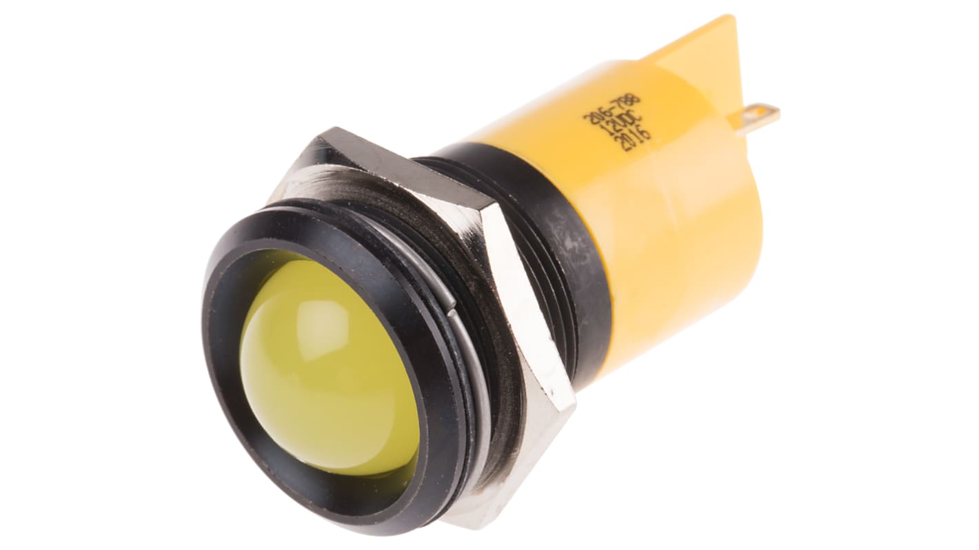RS PRO Yellow Panel Mount Indicator, 12V dc, 22mm Mounting Hole Size, Solder Tab Termination