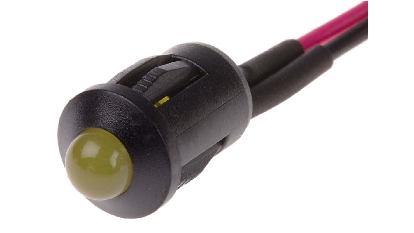 RS PRO Yellow Panel Mount Indicator, 12V dc, 8mm Mounting Hole Size, Lead Wires Termination