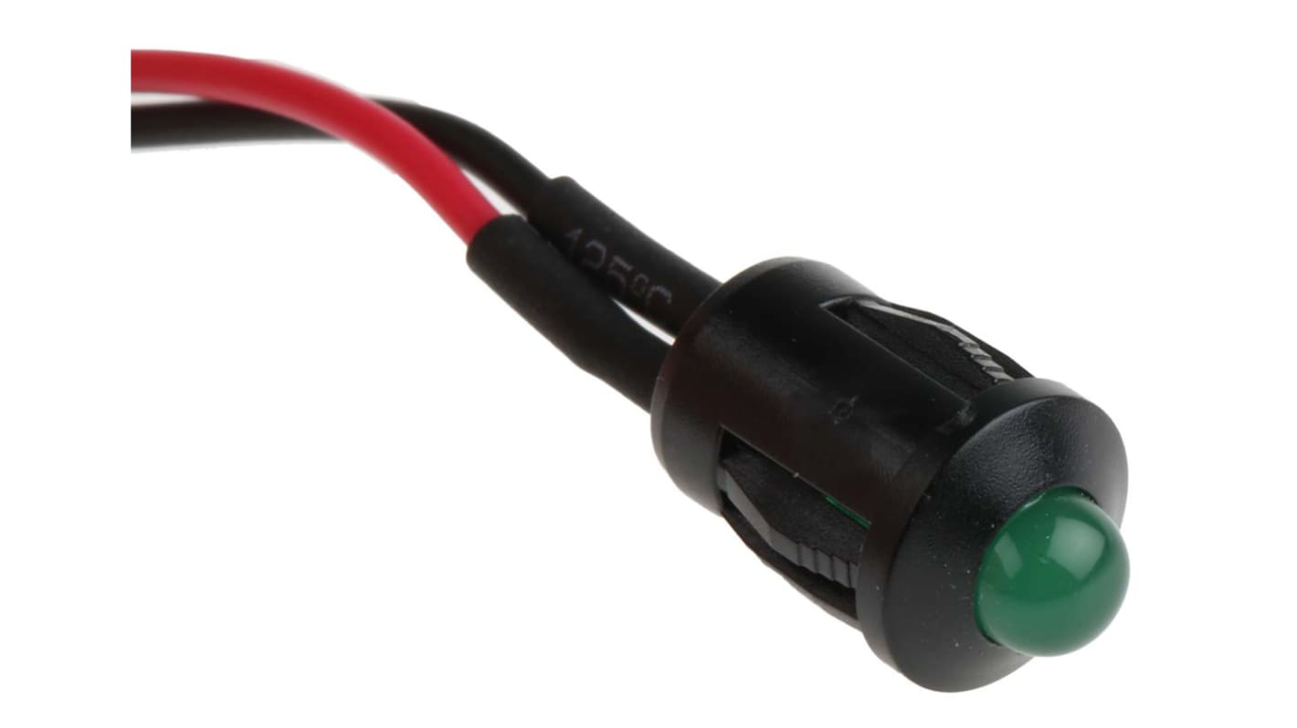 RS PRO Green Panel Mount Indicator, 24V dc, 8mm Mounting Hole Size, Lead Wires Termination