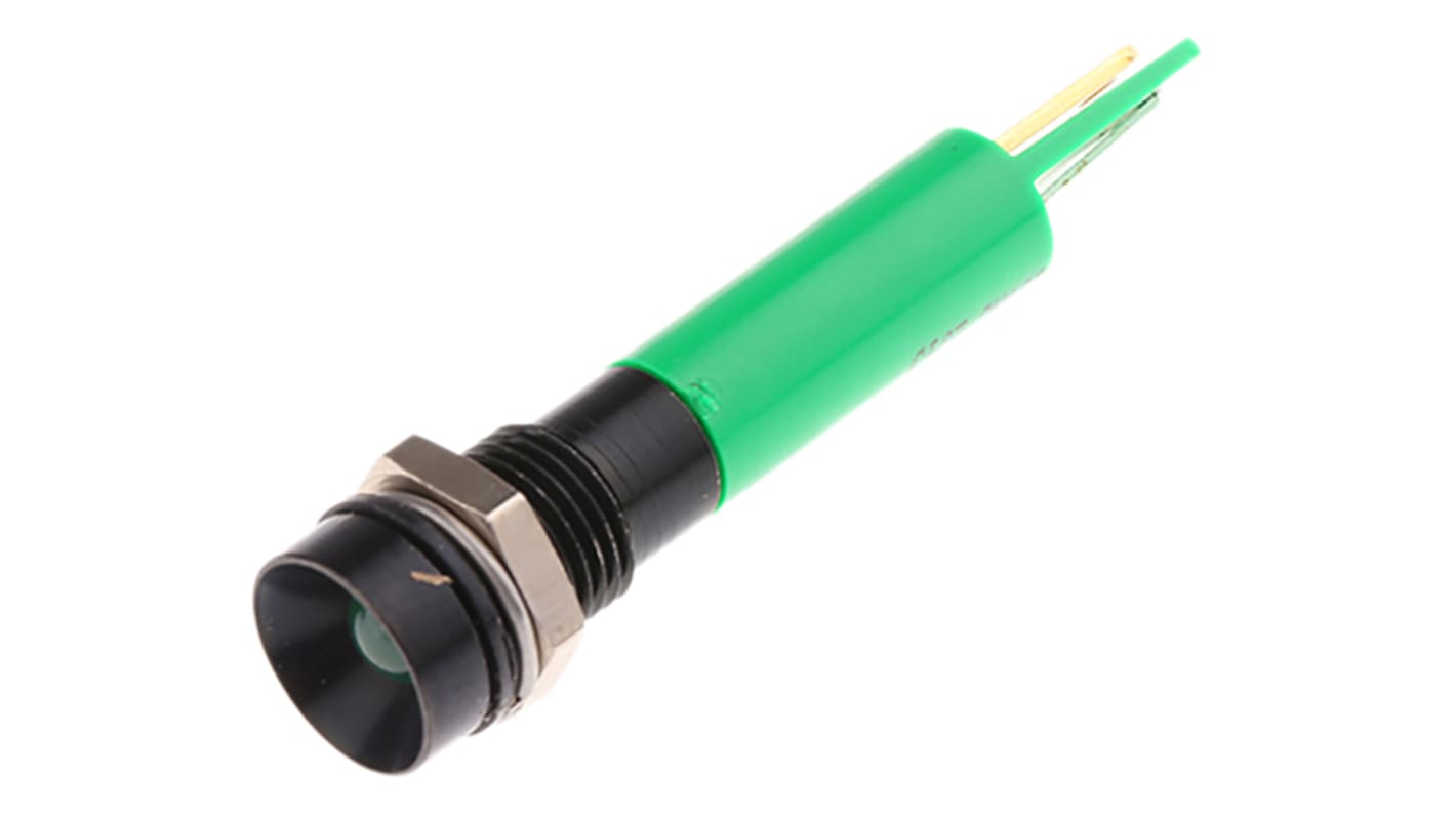 RS PRO Green Panel Mount Indicator, 110V ac, 8mm Mounting Hole Size, Solder Tab Termination, IP40