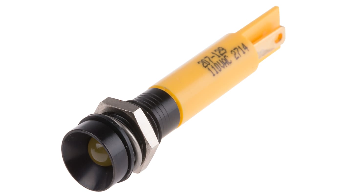 RS PRO Yellow Panel Mount Indicator, 110V ac, 8mm Mounting Hole Size, Solder Tab Termination