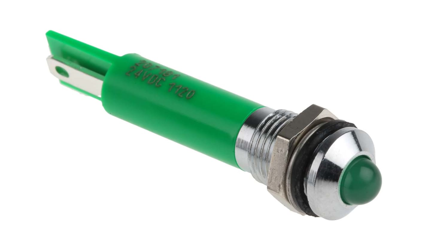 Indicador LED RS PRO, Verde, lente prominente, marco Cromo, Ø montaje 8mm, 24V dc, 20mA, 40mcd