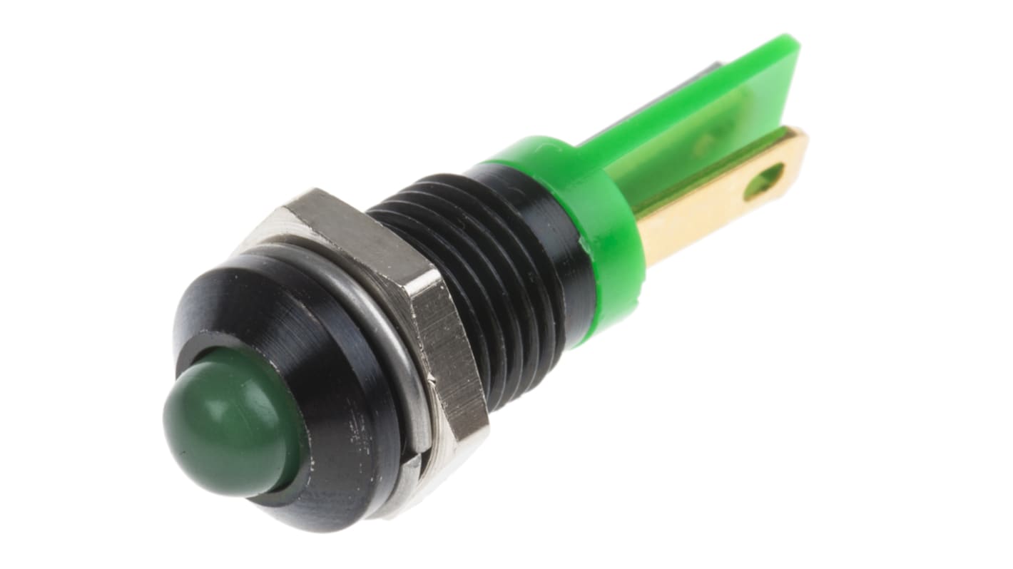 RS PRO Green Panel Mount Indicator, 2V dc, 8mm Mounting Hole Size, Solder Tab Termination