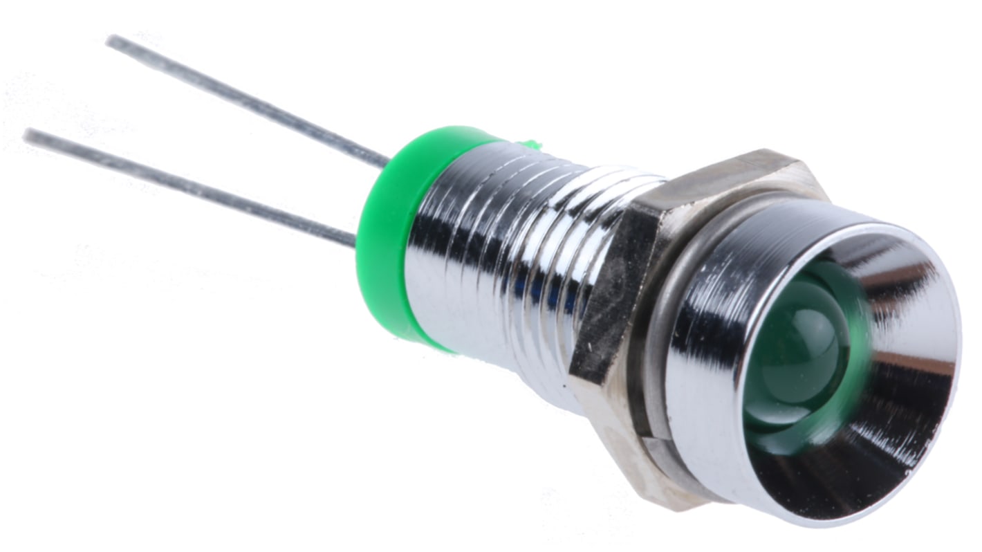 Indicador LED RS PRO, Verde, lente rebajada, marco Cromo, Ø montaje 8mm, 2V dc, 20mA, 40mcd