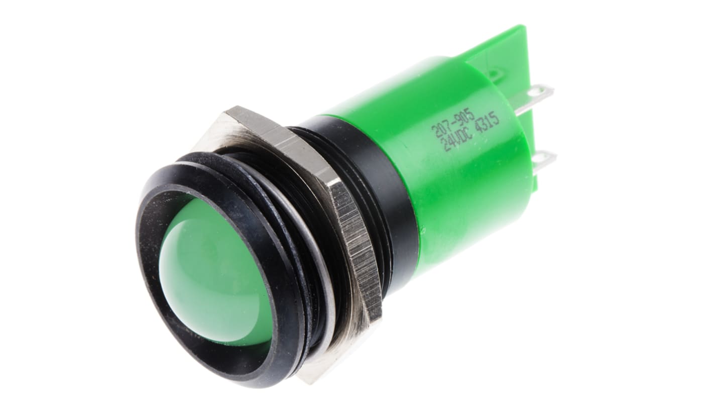 RS PRO Green Panel Mount Indicator, 24V dc, 22mm Mounting Hole Size, Solder Tab Termination