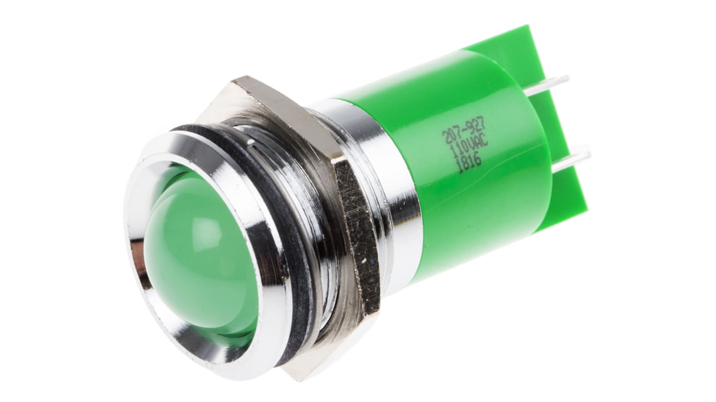 RS PRO Green Panel Mount Indicator, 110V ac, 22mm Mounting Hole Size, Solder Tab Termination