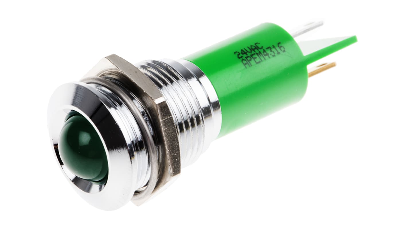 RS PRO Green Panel Mount Indicator, 16mm Mounting Hole Size, Solder Tab Termination