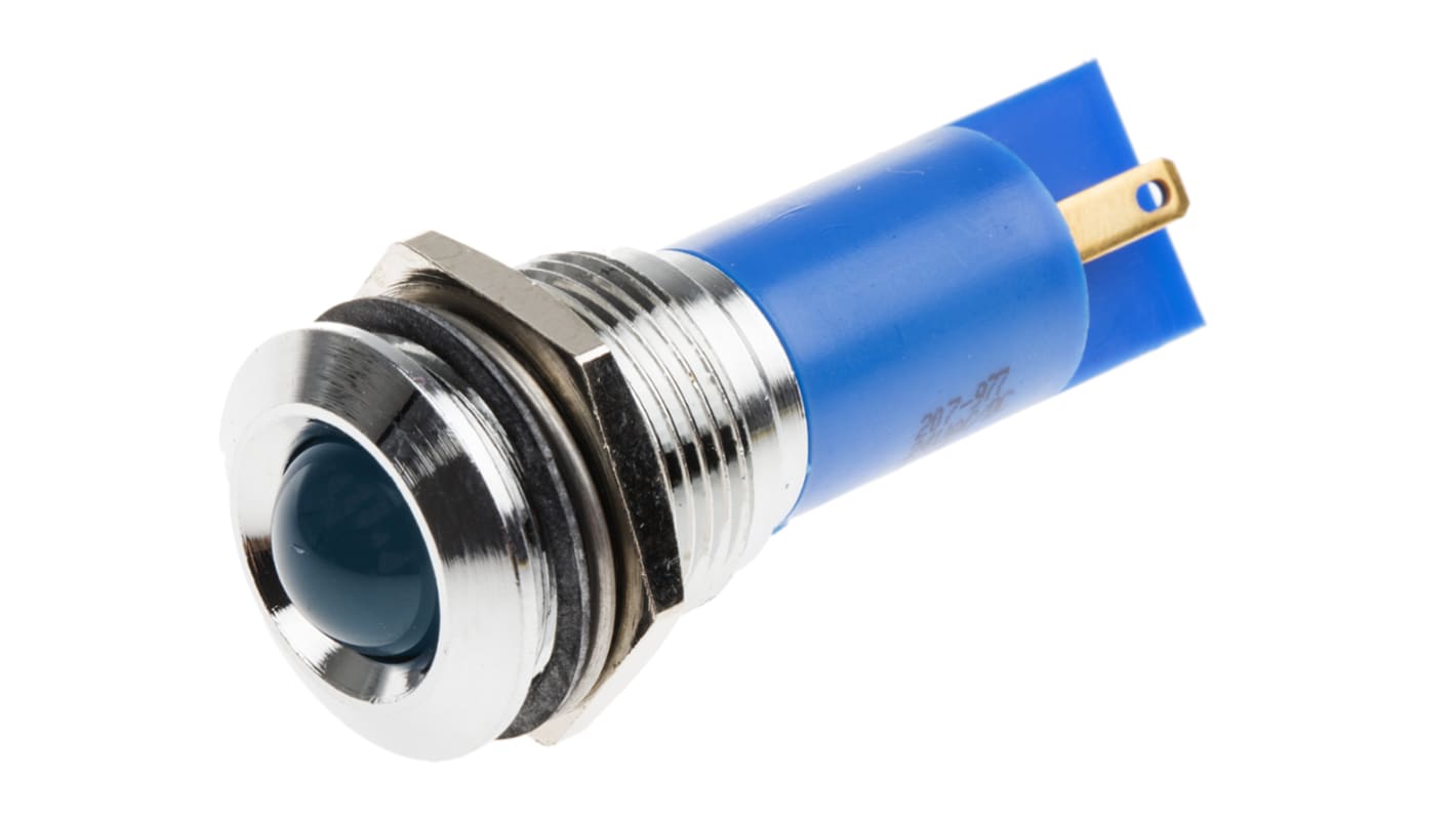 Indicador LED RS PRO, Azul, lente prominente, marco Cromo, Ø montaje 16mm, 24V ac/dc, 20mA, 280mcd