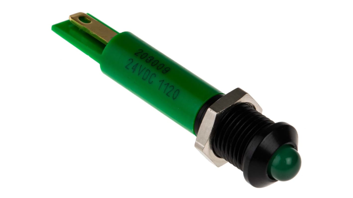 RS PRO Green Panel Mount Indicator, 24V dc, 8mm Mounting Hole Size, Solder Tab Termination