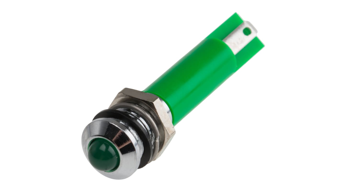 Indicador LED RS PRO, Verde, lente prominente, marco Cromo, Ø montaje 8mm, 12V dc, 17mA, 2700mcd, IP67