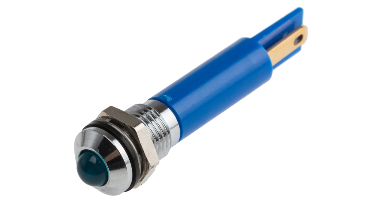 Indicador LED RS PRO, Azul, lente prominente, marco Cromo, Ø montaje 8mm, 12V, 17mA, 1500mcd, IP67
