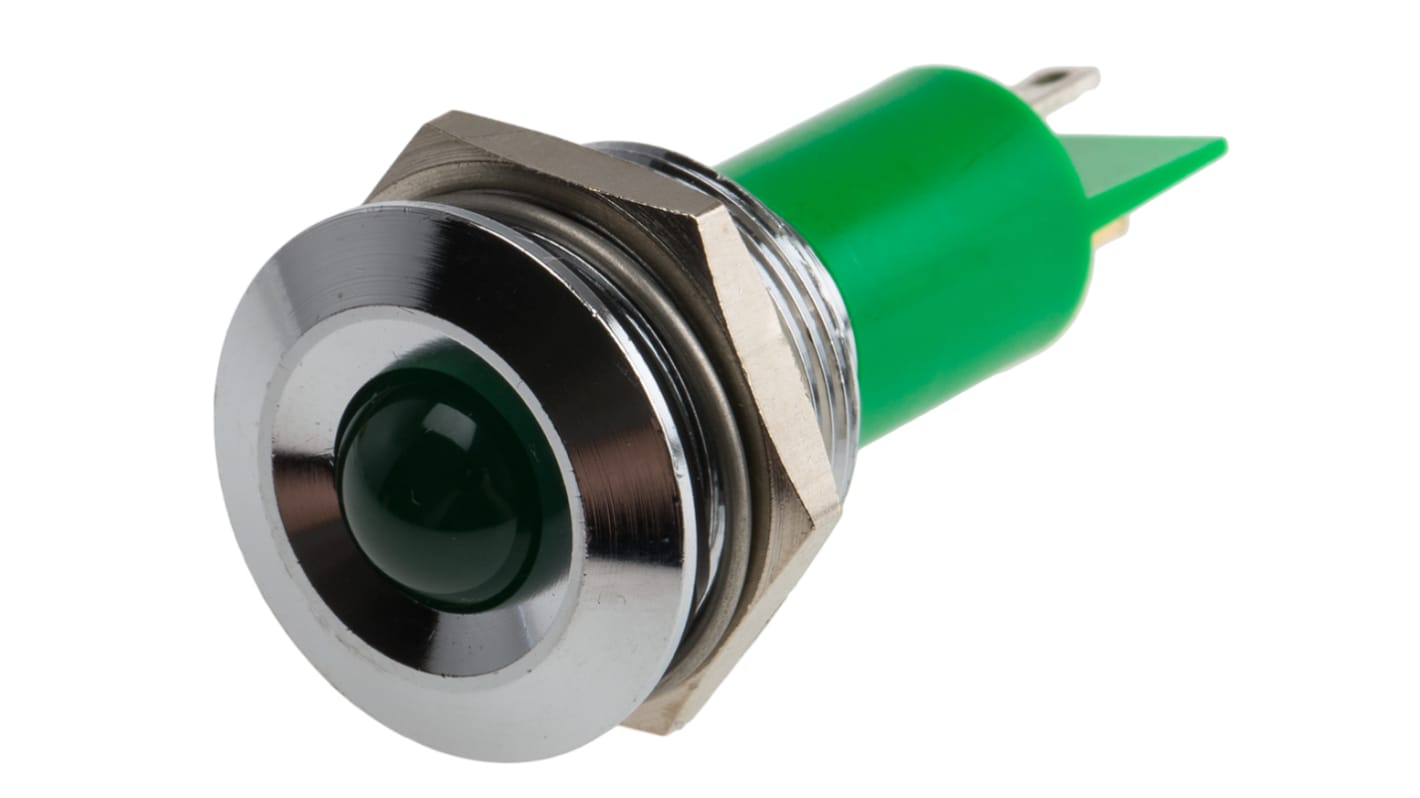 Indicador LED RS PRO, Verde, lente prominente, marco Cromo, Ø montaje 19mm, 130 V dc, 230V ac, 3mA, 60mcd