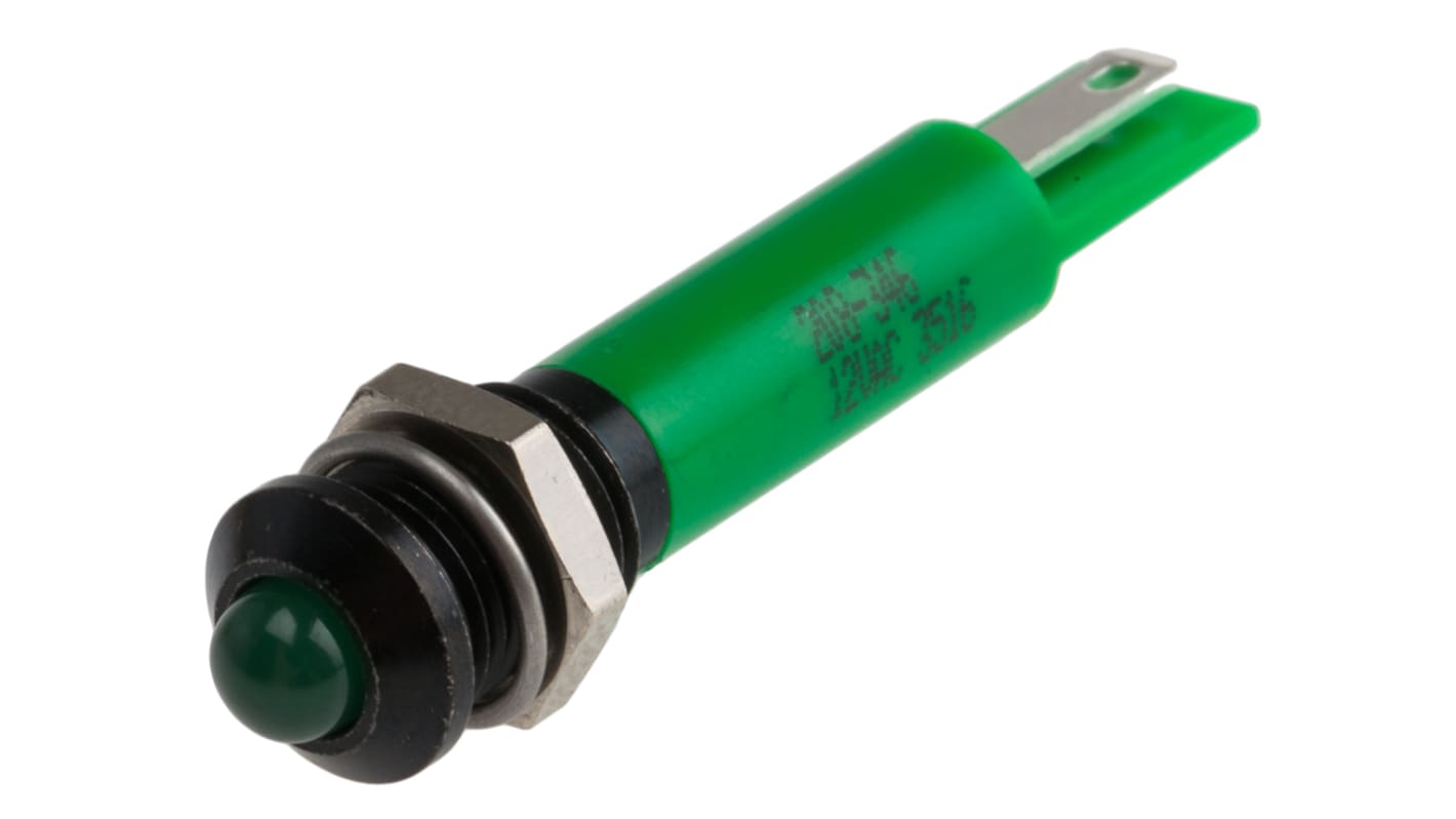 RS PRO Green Panel Mount Indicator, 12V ac, 8mm Mounting Hole Size, Solder Tab Termination