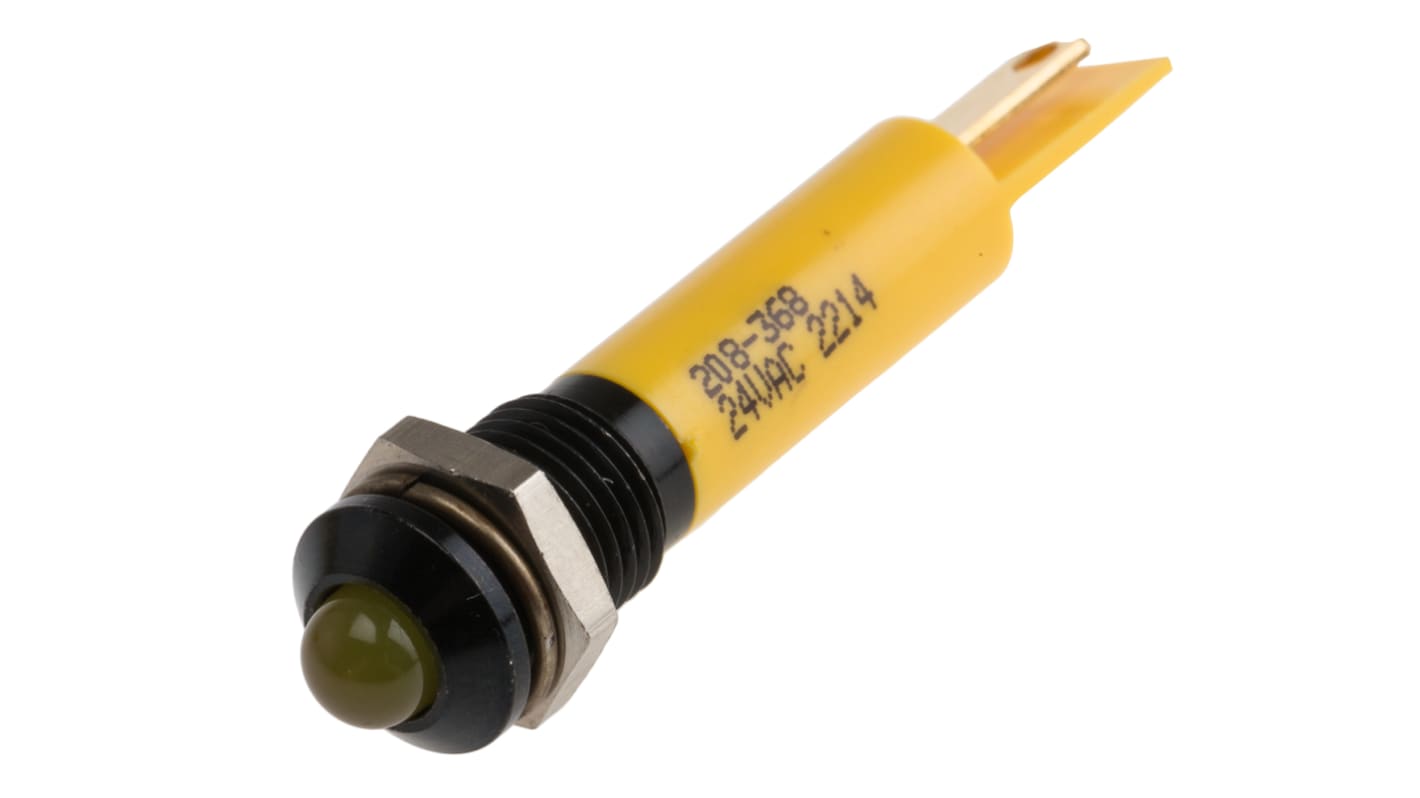 RS PRO Yellow Panel Mount Indicator, 24V ac, 8mm Mounting Hole Size, Solder Tab Termination