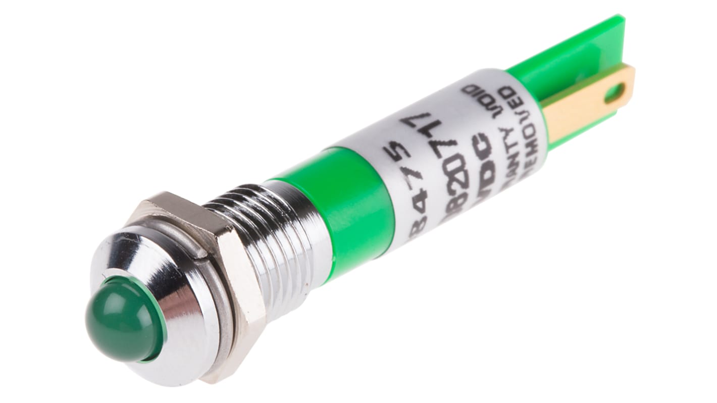 Indicador LED intermitente RS PRO, Verde, lente prominente, marco Cromo, Ø montaje 8mm, 12V dc, 20mA, 40mcd