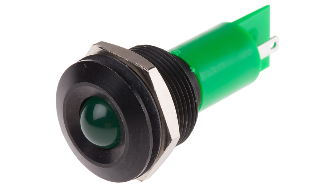 Indicador LED RS PRO, Verde, lente prominente, marco Negro, Ø montaje 19mm, 115 V dc, 230V ac, 3mA, 60mcd