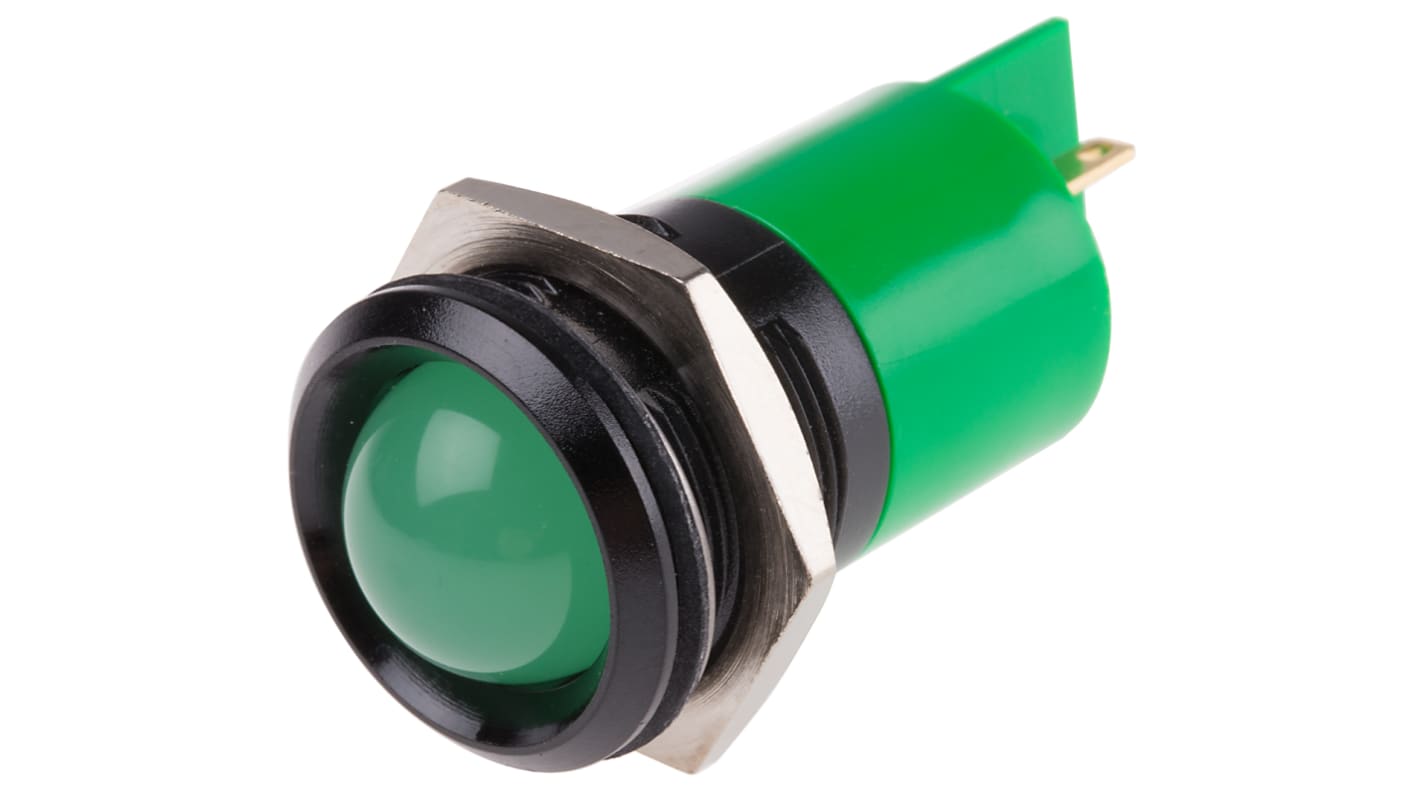 Indikátor pro montáž do panelu 22mm Prominentní barva Zelená, typ žárovky: LED Pájecí plíšek RS PRO
