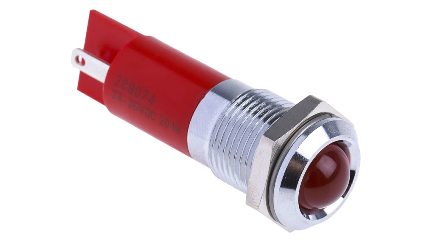 Indicador LED RS PRO, Rojo, lente prominente, marco Cromo, Ø montaje 14mm, 24 → 36V dc, 17mA, IP67