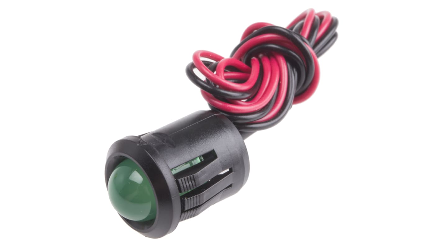 Indicador LED RS PRO, Verde, lente prominente, marco Negro, Ø montaje 14mm, 2V dc, 20mA, 40mcd