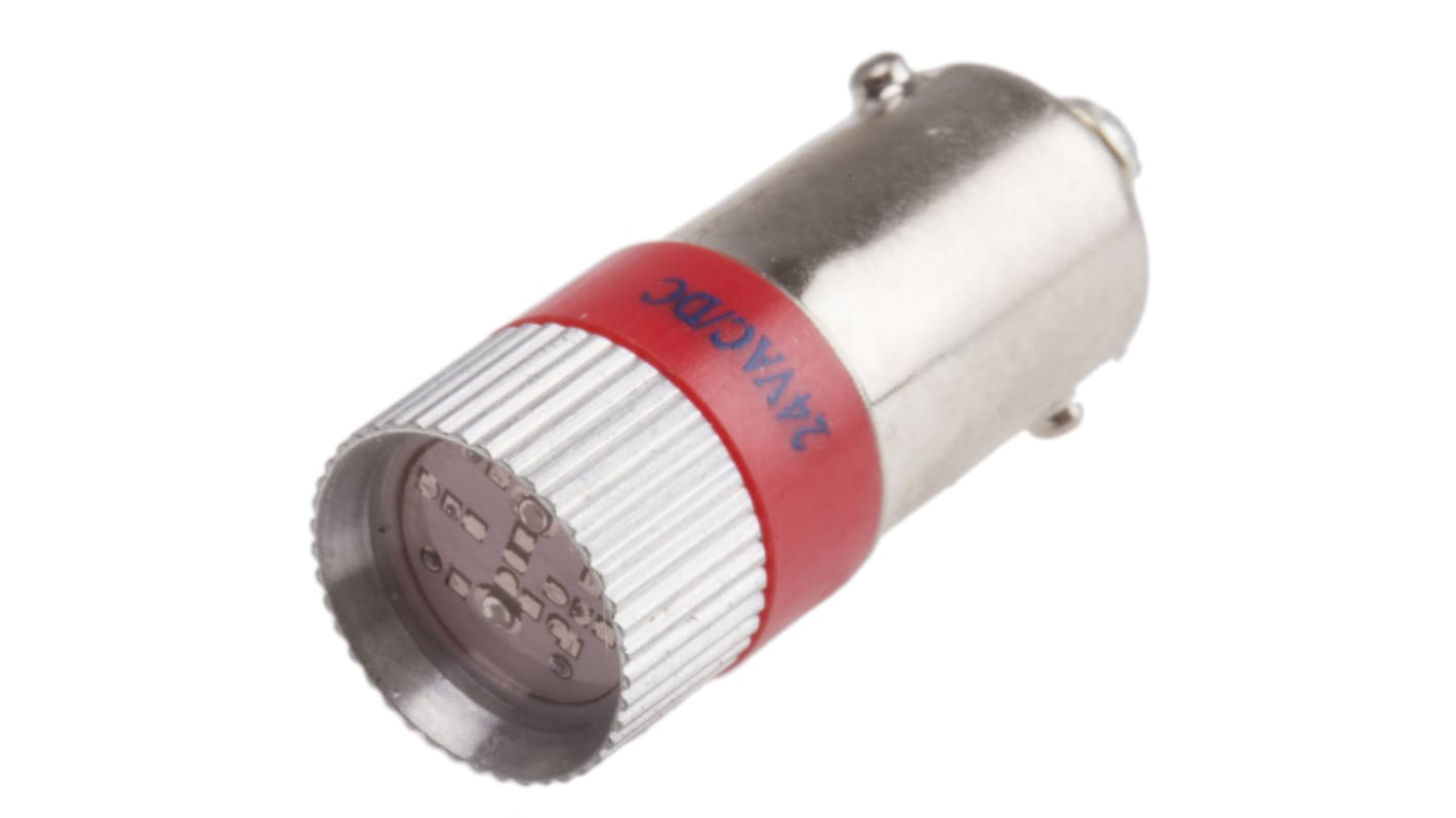 Bombilla para piloto luminoso LED RS PRO Rojo, λ 635nm, 24V ac/dc, 110/105mcd, 180°, casquillo BA9s, Ø 10mm