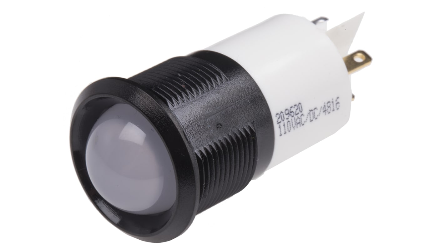 Indicador LED RS PRO, Blanco, lente prominente, marco Negro, Ø montaje 22mm, 130V ac, 6mA, 1000mcd, IP67