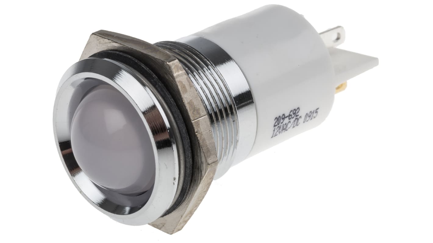 Indicador LED RS PRO, Blanco, lente prominente, marco Cromo, Ø montaje 22mm, 12V, 20mA, 350mcd