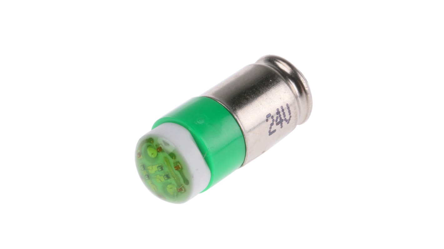 Bombilla para piloto luminoso LED RS PRO Verde, λ 565nm, 24V dc / 14mA, 35mcd, 180°, casquillo bayoneta, Ø 6mm